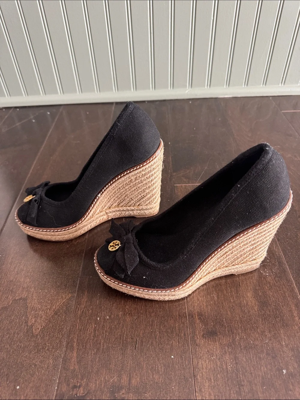 Tory Burch Black Canvas Espadrille Wedges with Gold Logo Charm
